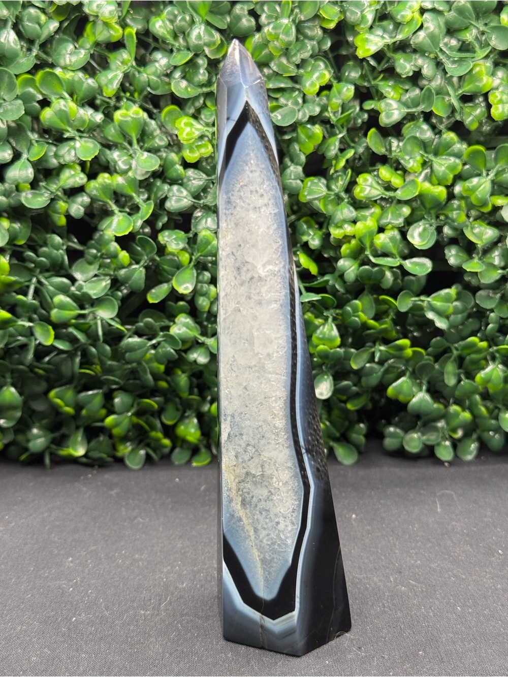 Black Banded Agate & Quartz Tower Obelisk